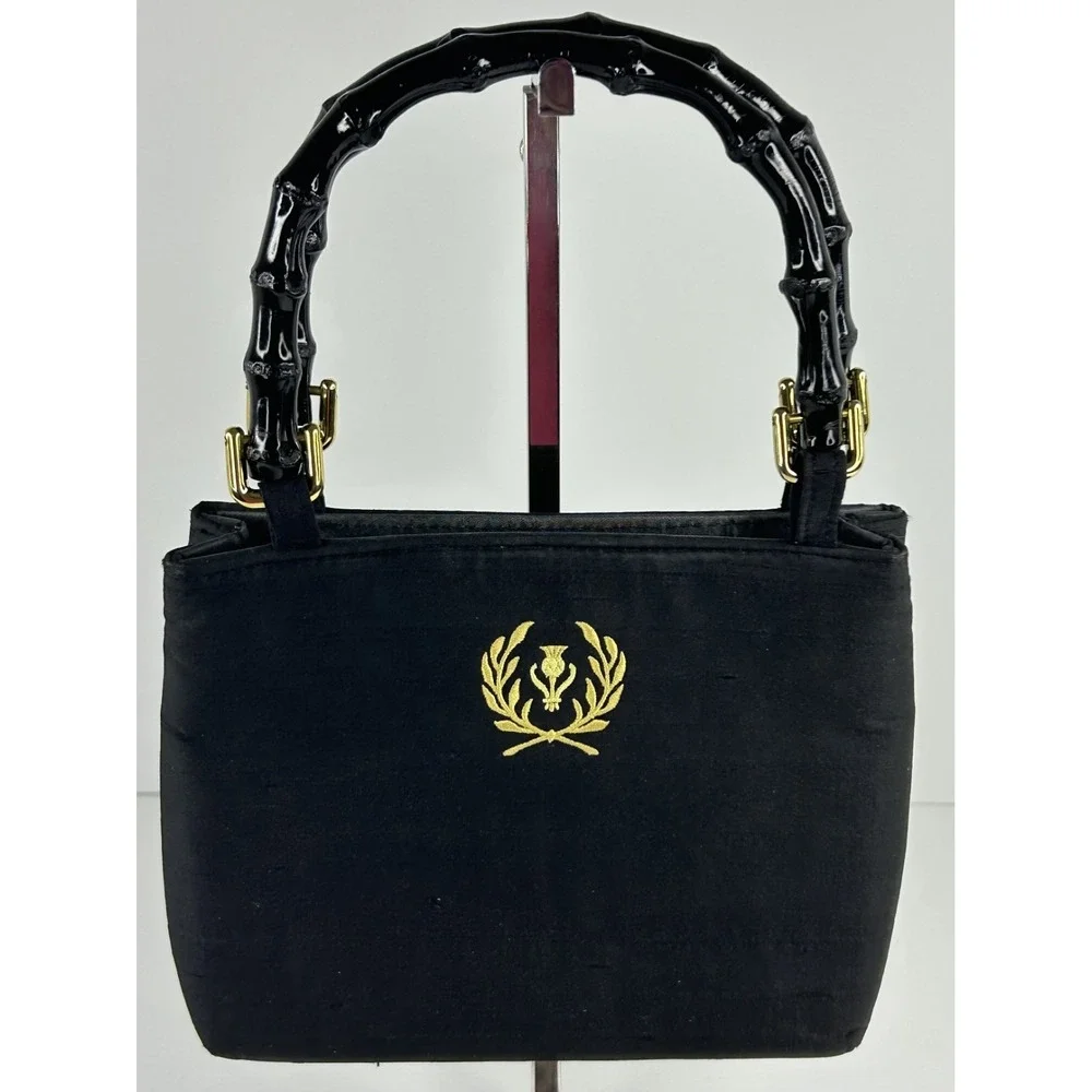 Vintage Mc Designs by Marjorie Purse Black Raw Silk Bamboo Handles Thistle Crest